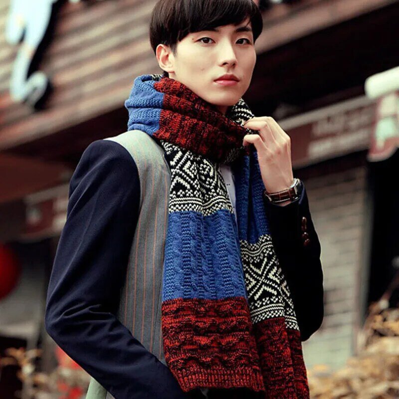 2021 zimowa para ciepła długa, dzianinowa szalik męska koreańska moda nowa wełna w paski grube szale dla dziewczynki i chłopca
