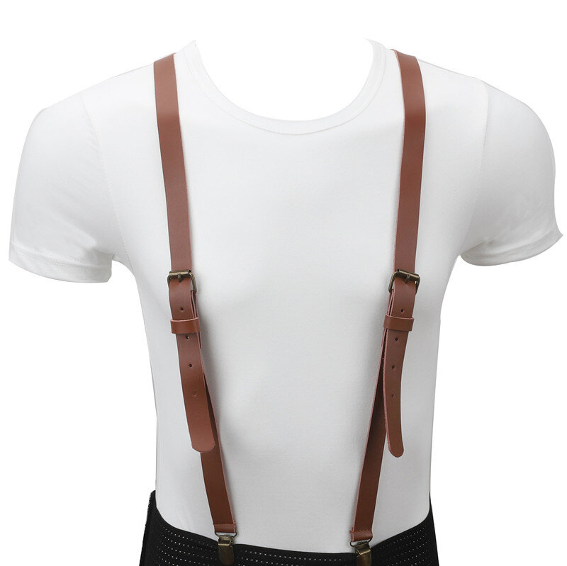 110*2cm Vintage Genuine Leather Suspender Mens/Women Adjustable Belt Bronze Brace Clips On Y-back Braces