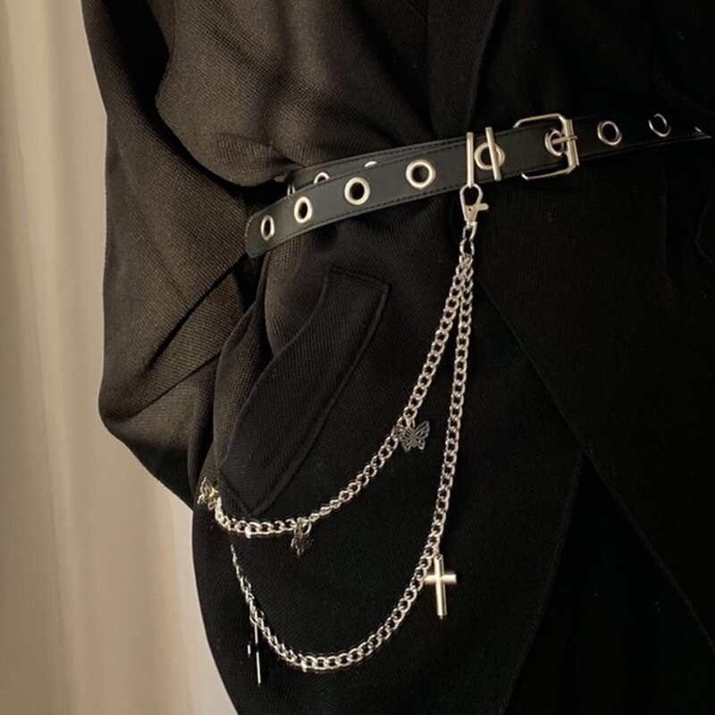 القوطية الشرير النساء السراويل الجينز الخصر سلسلة مع المعادن الصليب عقد بحلية متدلية على شكل فراشة Harajuku الهيب هوب بنطلون حزام مجوهرات
