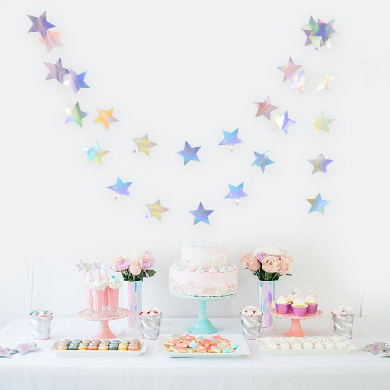 Guirnalda de estrellas de papel plateado láser, decoración para fiesta de cumpleaños, fiesta de bebé, boda, Navidad, colgante de pared