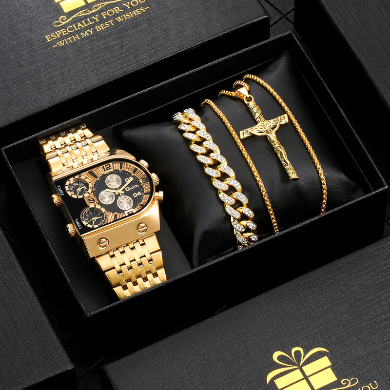 Mężczyźni luksusowy prezent zegarki stalowo-złoty pasek naszyjnik zestaw bransoletek Super duży zegarek na rękę biznes kwarcowy zegarek Relogio Masculino