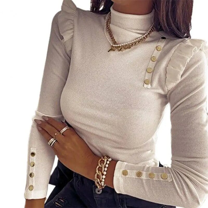 Casual Women Blouses High Neck Button Decoration Ruffle T-shirt Bottoming Shirt Top Street Wear Woman Fashion Female Tops