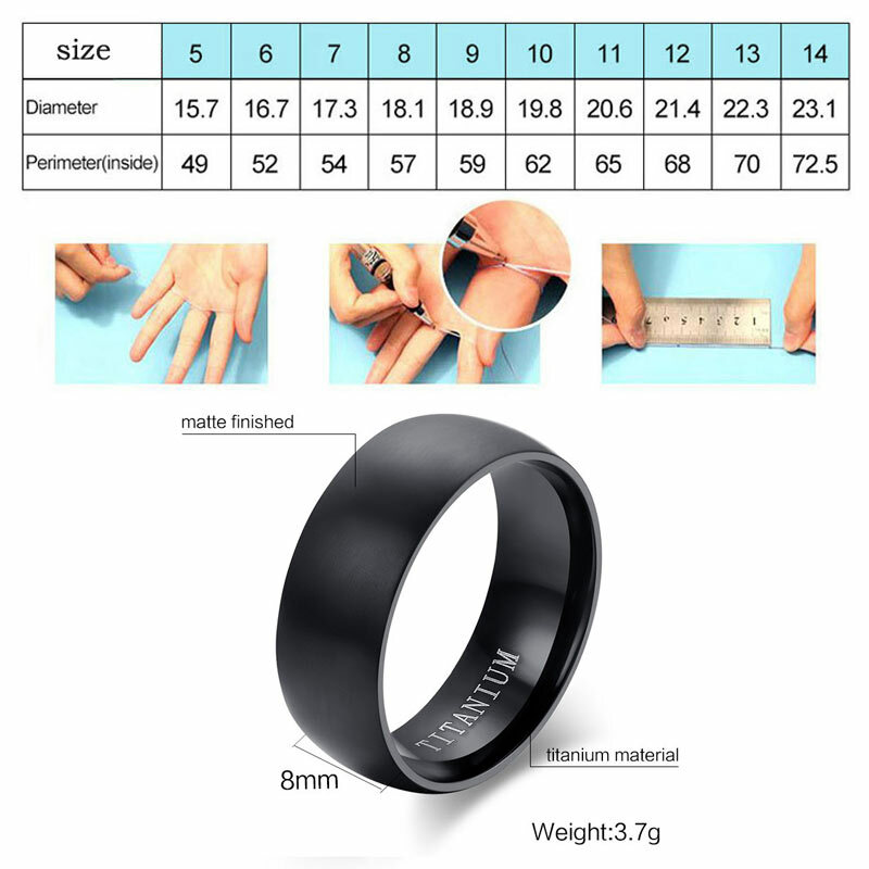 Anéis de titânio para homens Joia preta legal, noivado de casamento masculino, 8mm, 100%