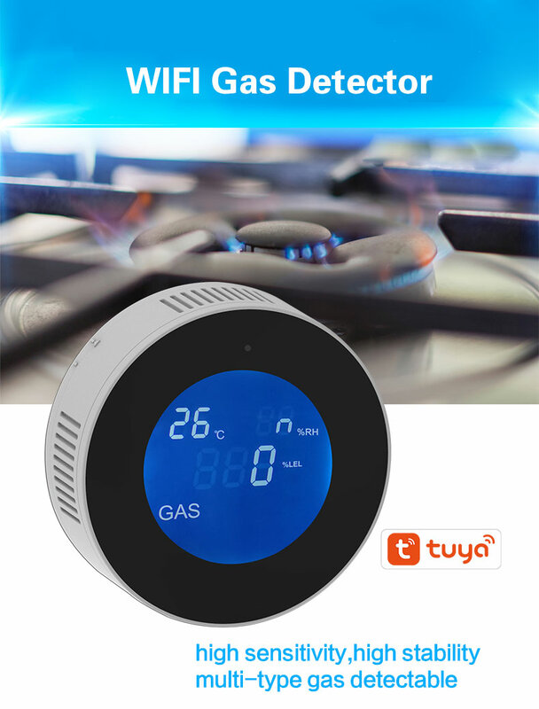 Tuya Wifi الذكية الغاز الطبيعي جهاز استشعار إنذار مع وظيفة درجة الحرارة احتراق كاشف تسرب الغاز شاشة الكريستال السائل الحياة الذكية App