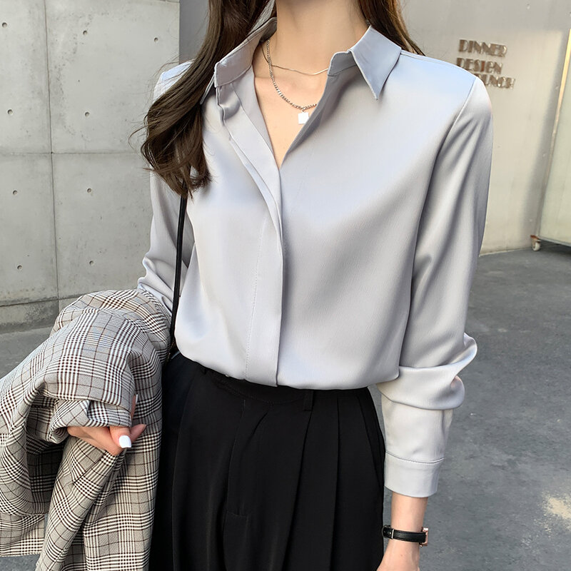Biuro bluzka dla pań kobiety wiosenne jesienne bluzy długi guzik na rękawie skręcić w dół kołnierz szyfonowe koszule odzież damska bluzka Femme 2021