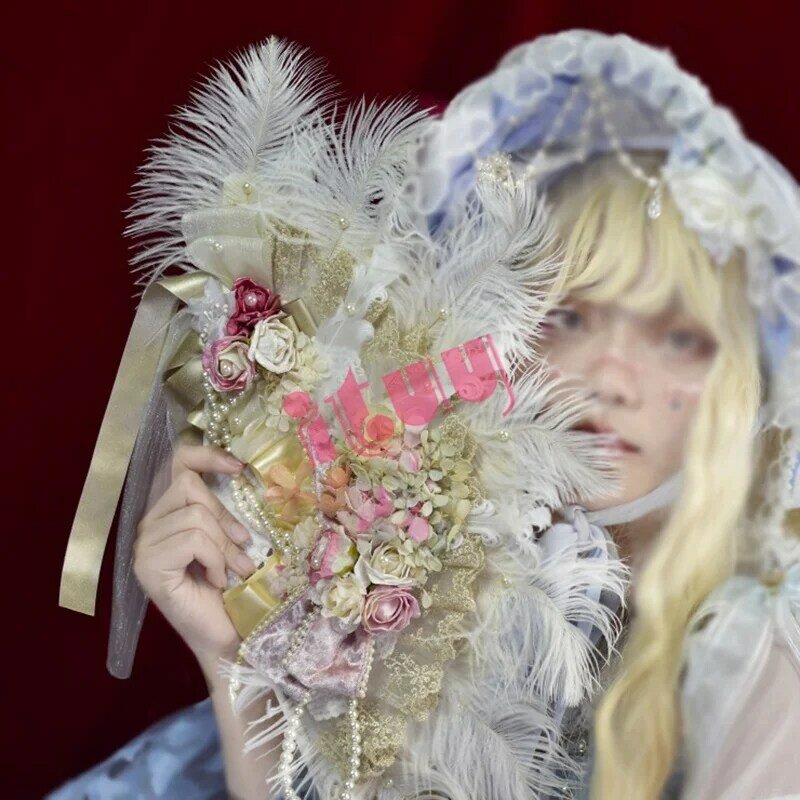Słodka dziewczyna Lolita koronki Bowknot perła róża kwiat strusie pióra składany wentylator ręczny panna młoda strona dekoracji prezent