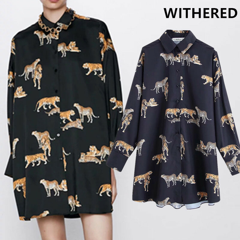 Withered england high street vintage Tiger Print loose blusas mujer de moda 2019 kimono shirtwomens tops and blouse plus size