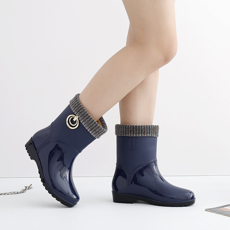 패션 장화 여성 방수 고무 작업 신발 Bottine Femme 2021 겨울 중간 튜브 플러스 벨벳 슬립 장화 레이디