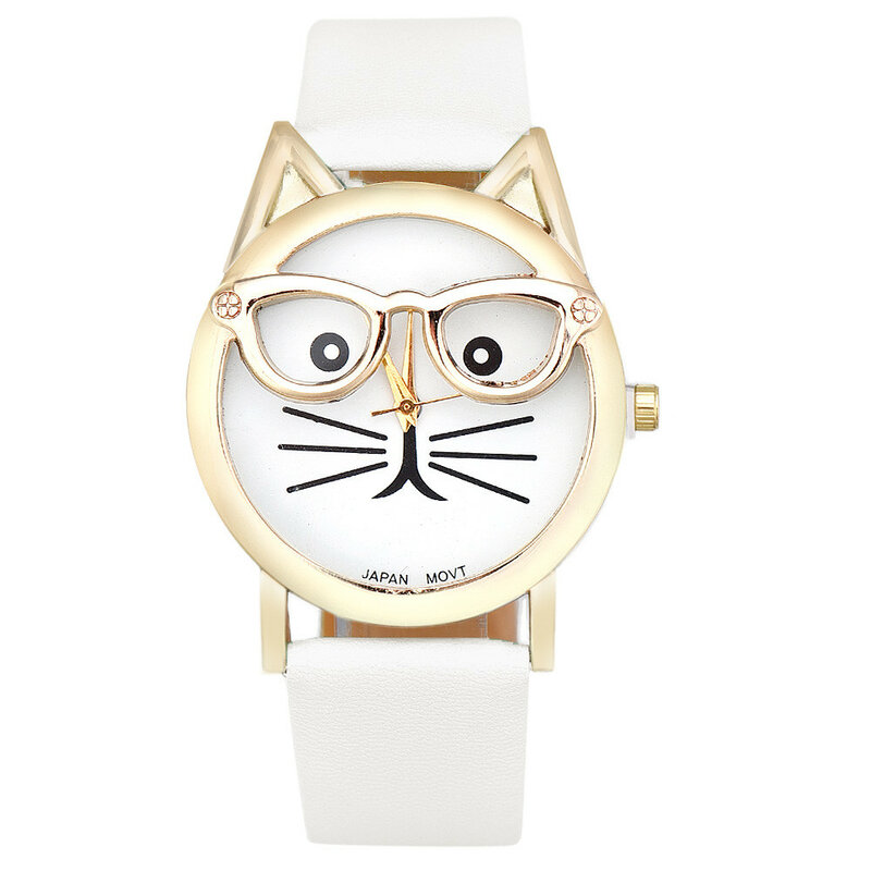 2020 Fashion Ladies Leopard Watches Women Faux Leather Band Quartz Wristwatches Best Gift Print Watches Cute Glasses Cat Watches