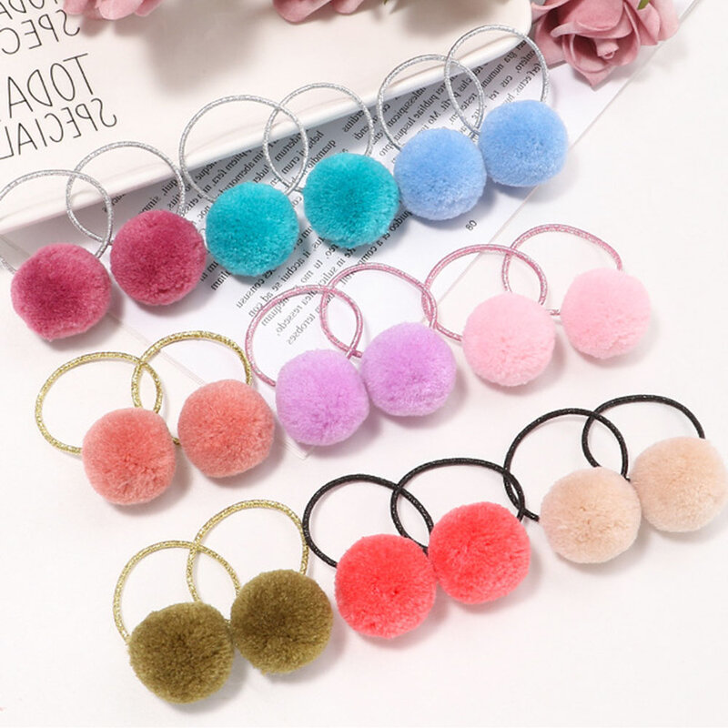 2022 New Hot Sale 1 Pair Cute Furry Pompom Girl Children Sweet Rubber Band Fur Ball Hair Ring Kids Hair Rope Accessories