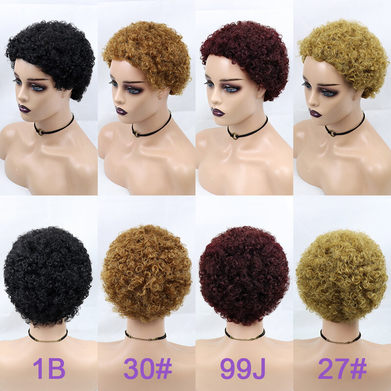 Pelucas rizadas cortas para mujeres negras, cabello humano brasileño rizado, hecho a máquina, corte Pixie, sin pegamento