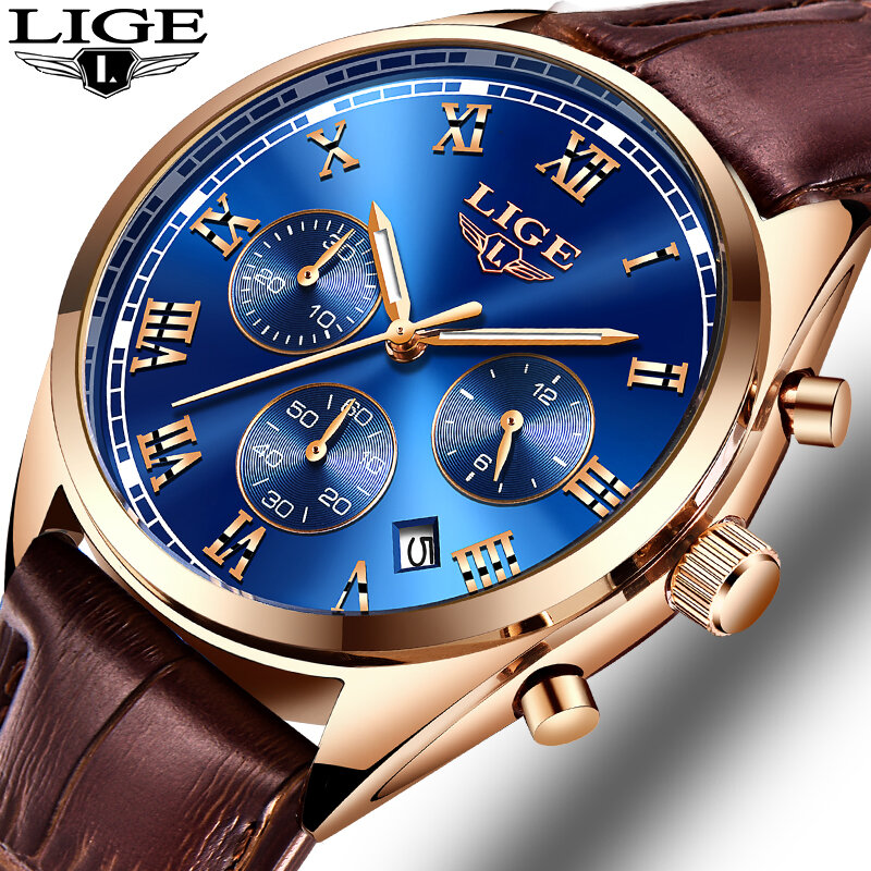 2020 LIGE Mens Watches Sport Quartz Watch Men Top Luxury Brand Leather Strap Business Fashion Clock Waterproof Relogio Masculino