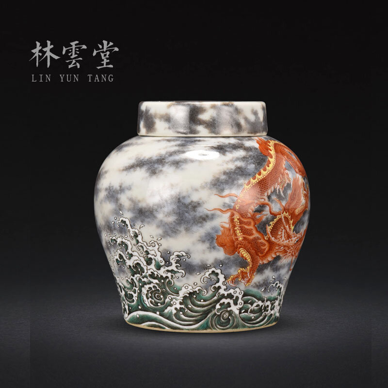 Pote de chá artesanal de cerâmica alum padrão água mar vermelho dragon ball selado pote de armazenamento acessórios da cerâmica jingdezhen