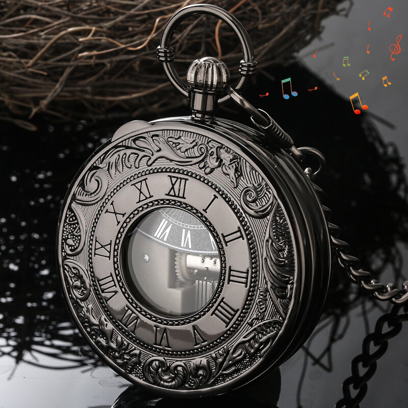 Черные кварцевые карманные часы с музыкальным механизмом, классические винтажные музыкальные часы, часы с подвеской на цепочке, подарок