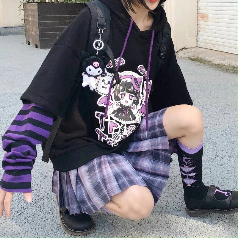 Jaket Hoodie Anime Moletom Jepang Jaket Pullover Hoodie Zip Up Estetika Harajuku Gotik Y2K Gadis Kartun E