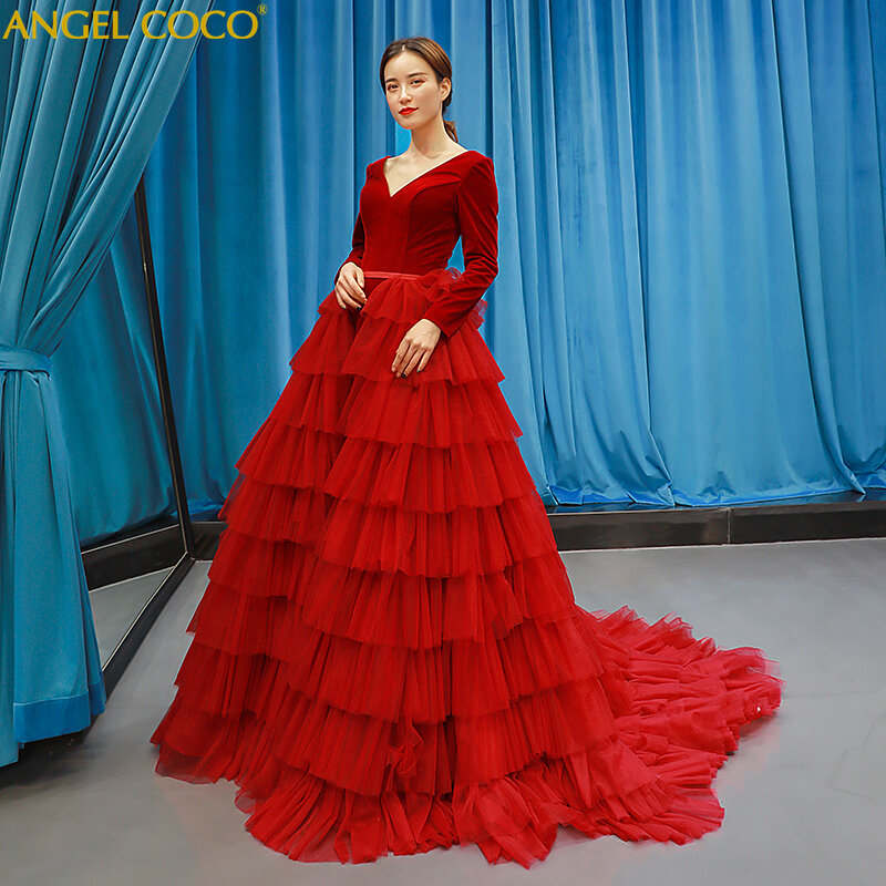 فاخر تول المخملية الأحمر فساتين سهرة طويلة ثوب مسائي مناسبة حفلة رسمية فساتين لحضور الحفلات الموسيقية الأمومة Vestido De Noche Sukienki