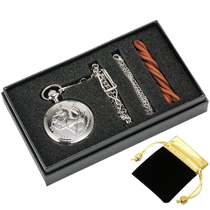 5 pçs/set fullmetal alchemist prata relógio pingente relógio de bolso de quartzo dos homens japão anime colar fob relógio de alta qualidade presentes conjuntos