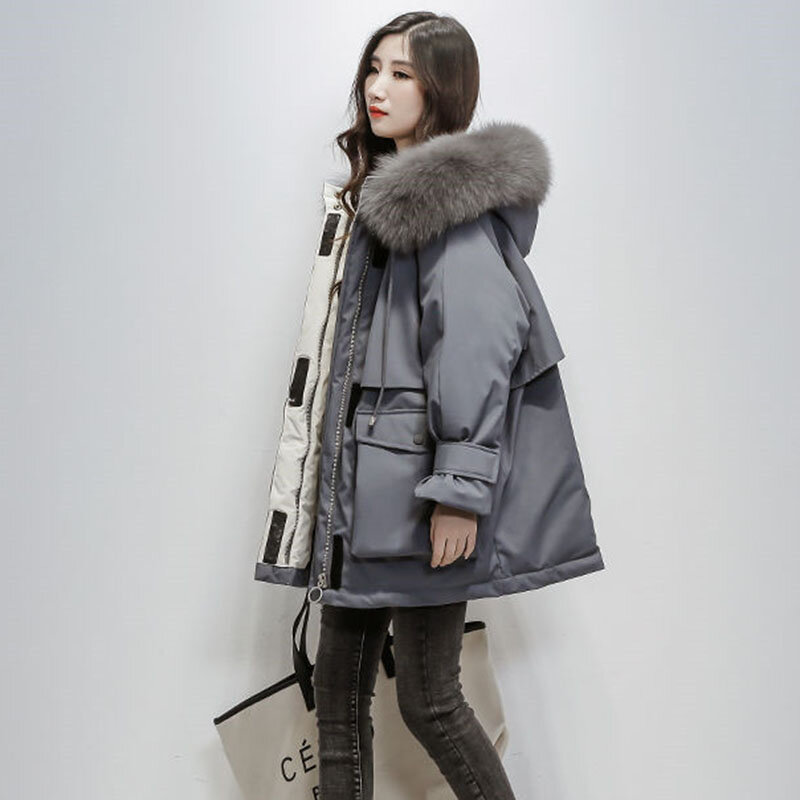 Winter Women Down Cotton Coat Korean Loose Wadded Jacket Hooded Fur Coller Warm Long Tooling Outwear Thick Women Parke Y615