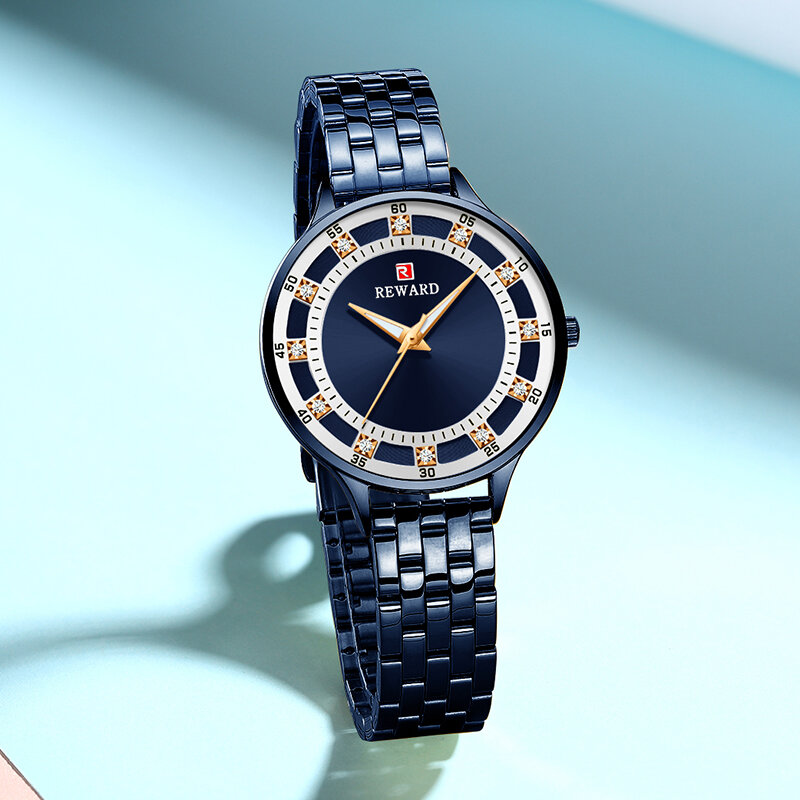 BELOHNUNG Marke Blau Analog Uhr Für Frauen Luxus Edelstahl Quarz Armbanduhr Einfache Damen kristall Diamant Mode Uhren