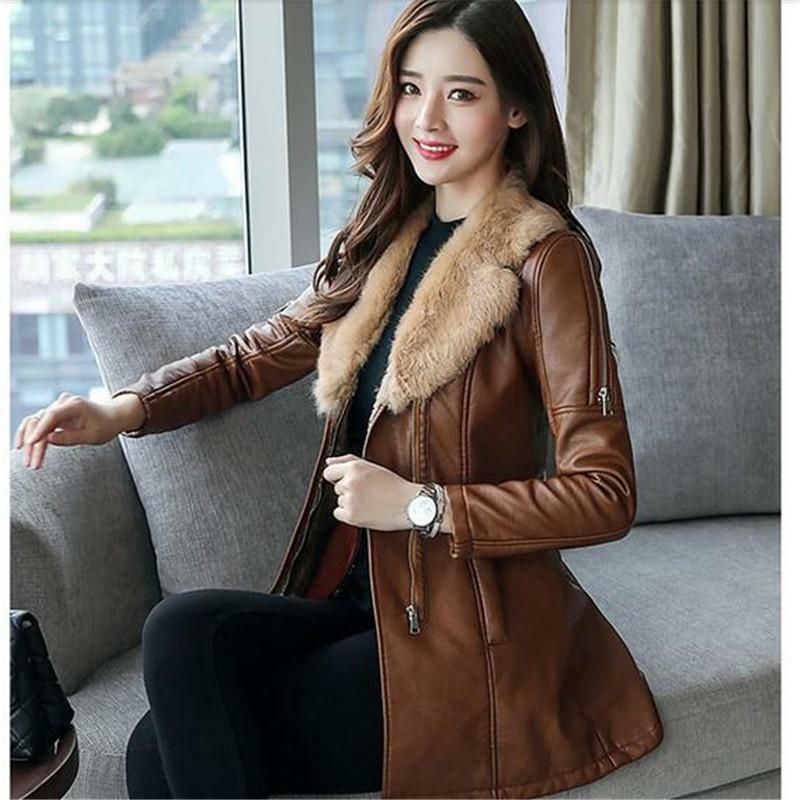 Médio syle gola de pele casaco de couro grosso novo inverno quente jaqueta feminina casaco de couro do plutônio feminino