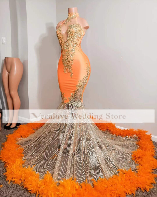 Блестящее оранжевое вечернее платье-Русалка с высокой горловиной, сексуальные роскошные платья для выпускного вечера, женские вечерние пл...