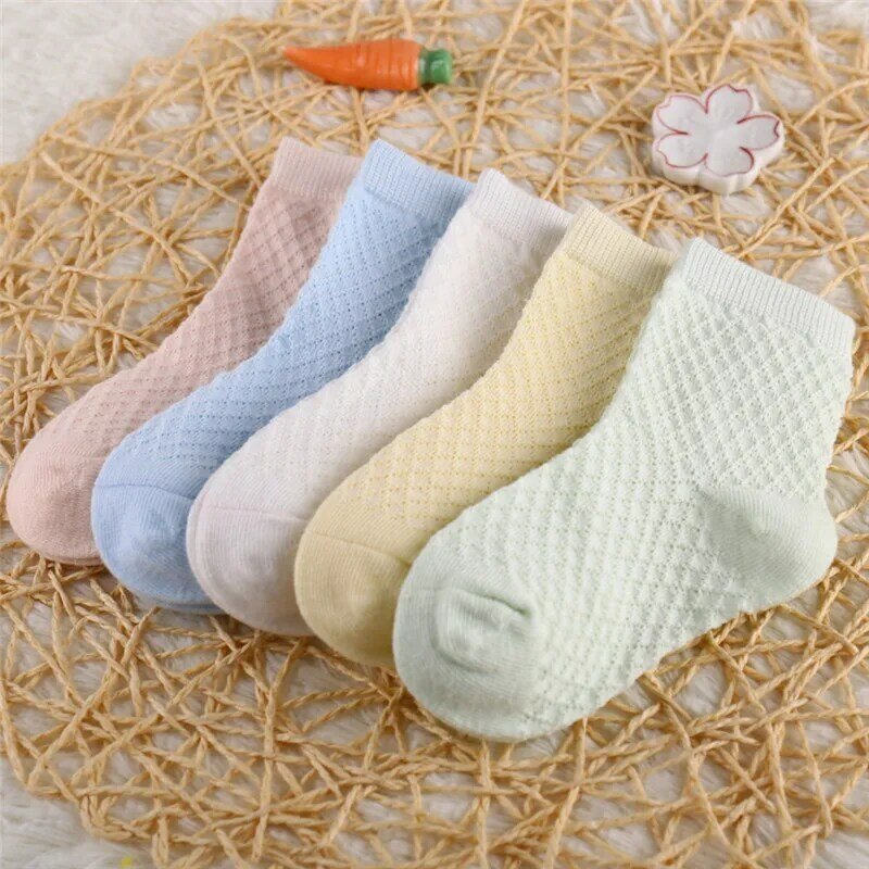 5 par/lote de calcetines de algodón suave para niños niñas y bebés moda ultrafina transpirable malla sólida para primavera y verano 1-8T adolescentes y niños