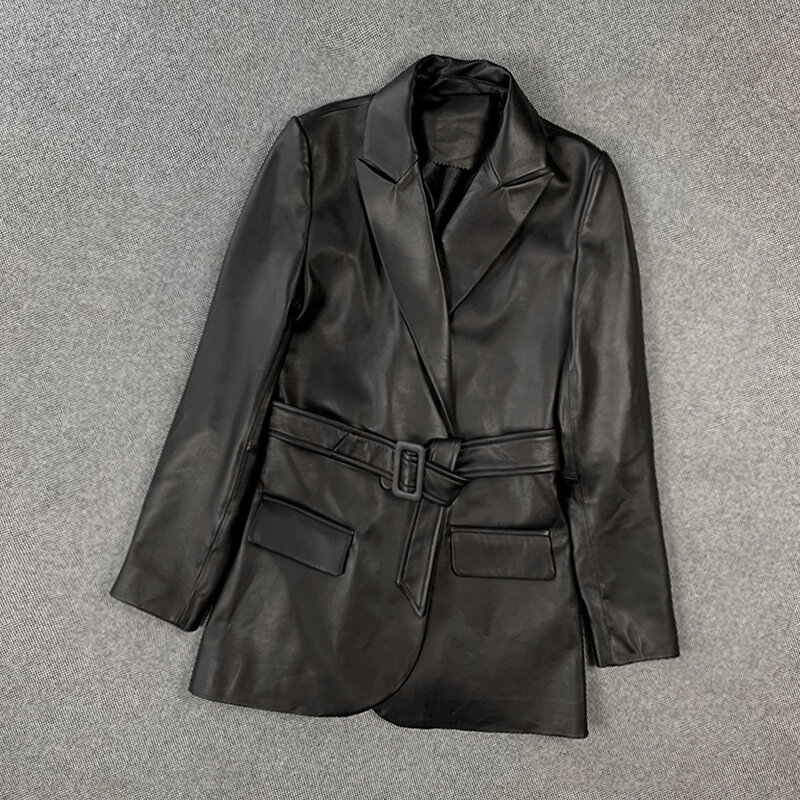 Lambskin ชุดผู้หญิง Designer Vera Moda เสื้อแจ็คเก็ตหนังแท้กลางความยาวเสื้อสไตล์เกาหลีสีดำ/Beige เข็มขัดสีเทา veste Cuir Femme