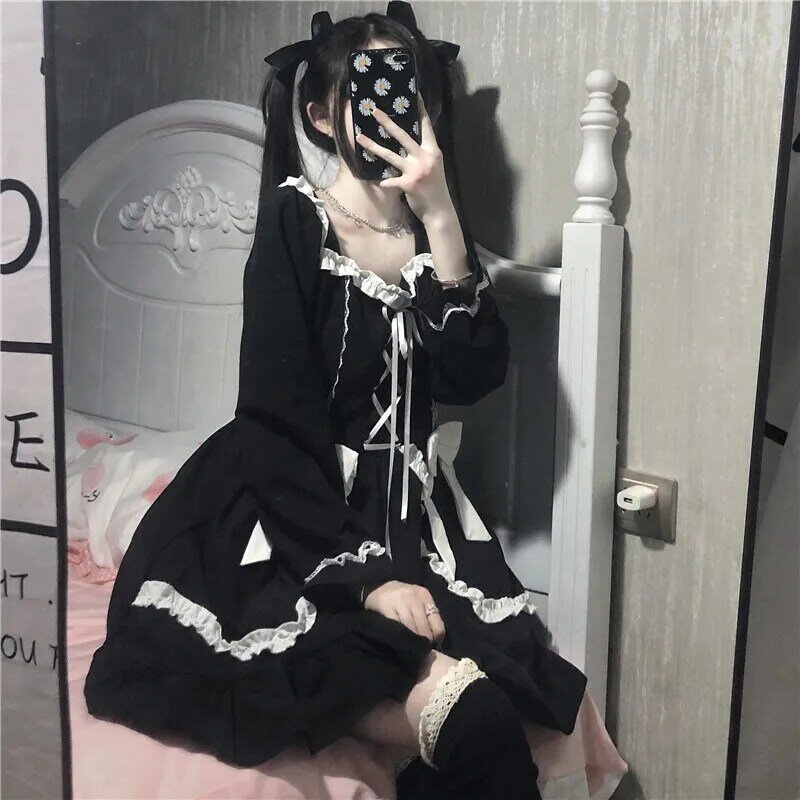 Gothic Lolita Black Dress Vintage Japanese Soft Girl Cute Bow Lace-up Ruffles Long Sleeved Princess Women Punk Dresses