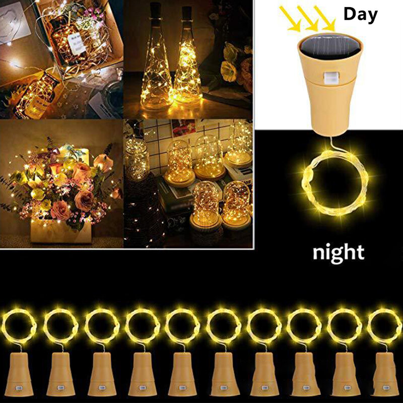 Luces solares para botella de vino, cadena de corcho de alambre de cobre, luz de hadas para vacaciones, fiesta de Navidad, decoración de boda, 10/20 LED