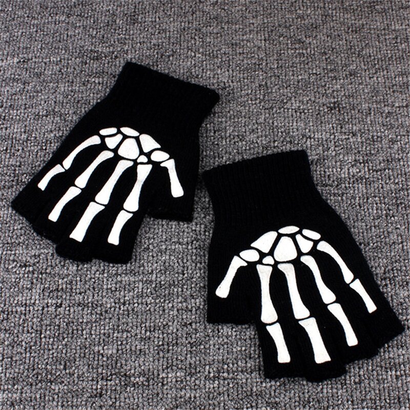 Gants unisexes, 1 paire, mitaines d'hiver tricotées extensibles sans doigts, squelette de crâne, impression main, Halloween, pour adultes
