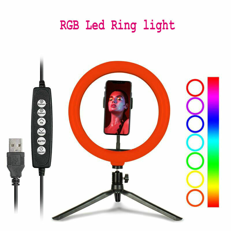Светодиодный кольцевой светильник диаметром 26 см с питанием от USB, со штативом и зажимом для телефона, многоцветный RGB светильник для прямой трансляции, фотосъемки, макияжа, видео