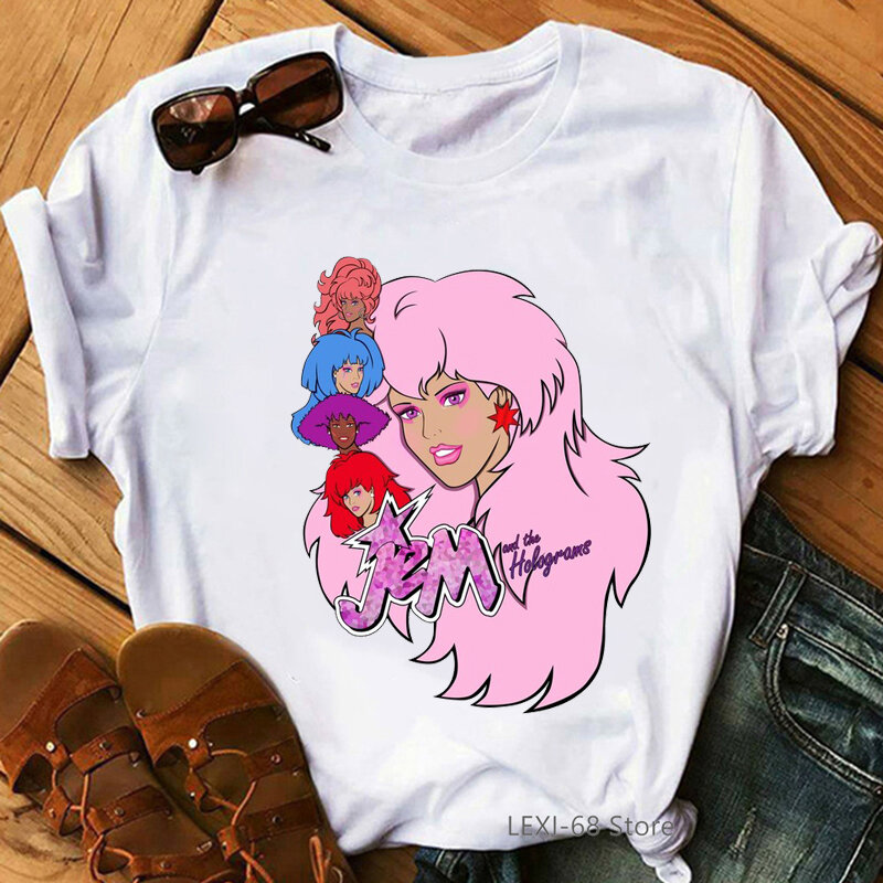 Camiseta Jem e The Hologram feminina, estilo anos 90, branca, hip hop, verão, camisas de rock, streetwear cool, moda feminina