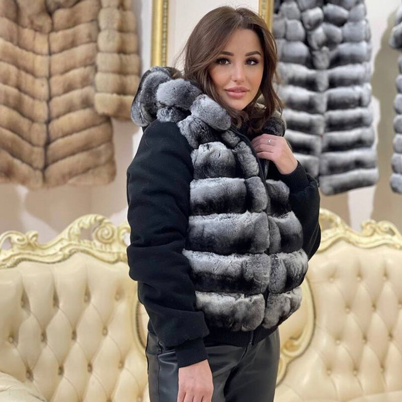 Real Fur Vest Women Autumn Winter Hooded Gilet Fashion Genuine Rex Rabbit Fur Coat