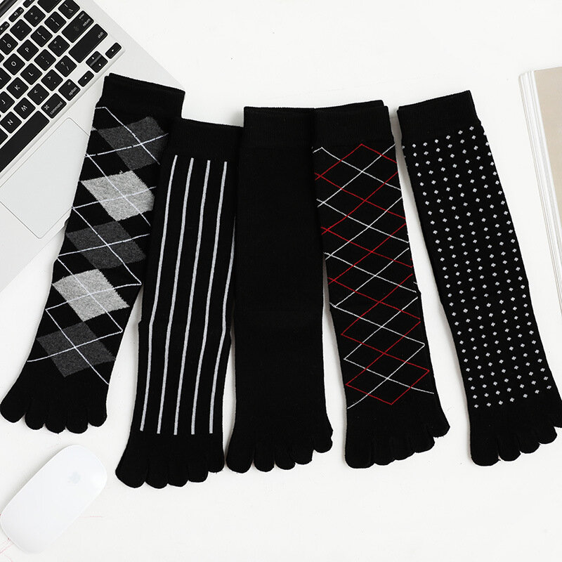5 Paar Man Business Lange Sokken Met Vingers Mode Gestreepte Argyle Dot Mid-Calf Vijf Vinger Sok Puur Katoenen Zwarte Neus Sokken