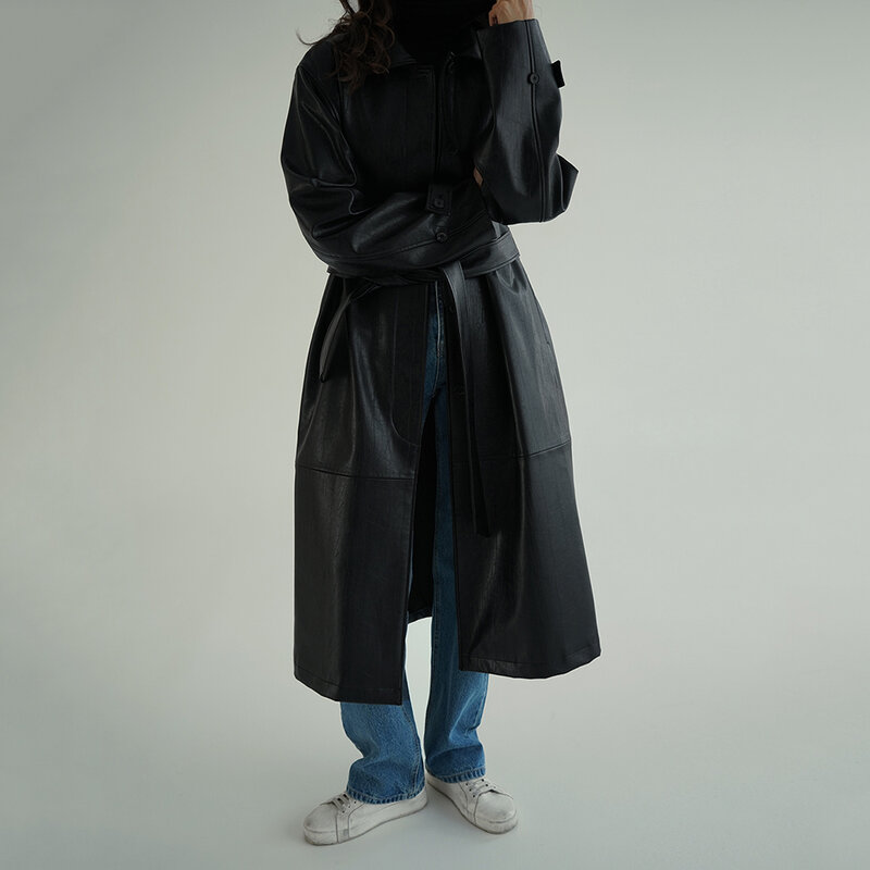QOERLIN-gabardina larga de piel sintética negra, abrigo con solapa, temperamento, largo, fajas, otoño e invierno, novedad de 2021