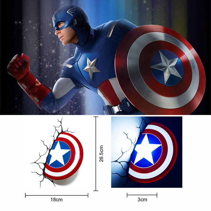 Acecorner 캡틴 아메리카 방패 슈퍼 히어로 3D LED 벽 램프, 크리에이티브 어벤져스 마블 스티커 야간 조명 크리스마스 아이 선물