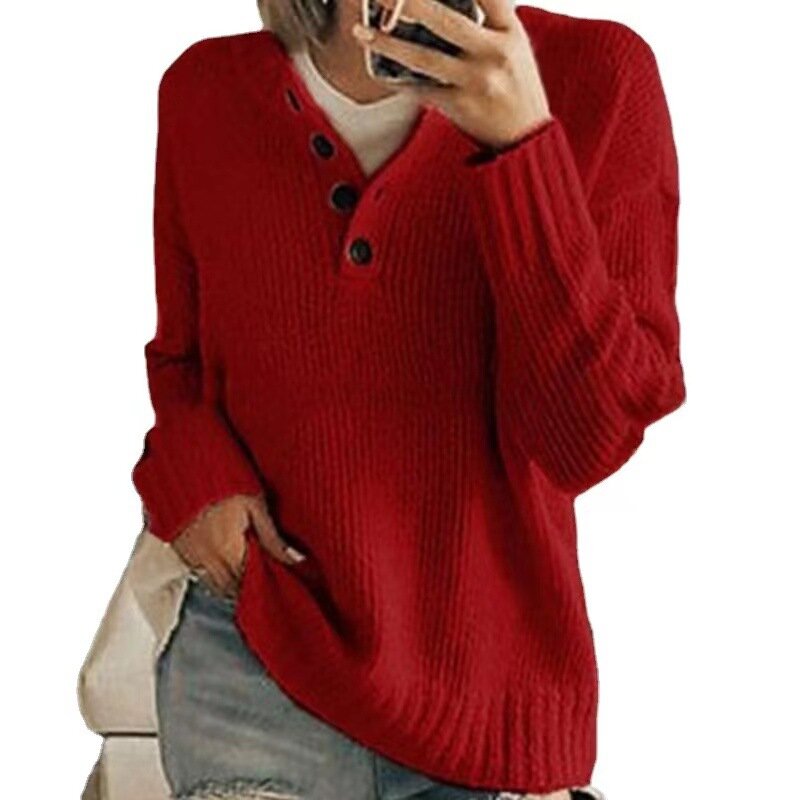 Suéter feminino com botões gola redonda, pulôver para mulheres outono inverno 2021 cardigã de cor sólida com manga comprida top de malha