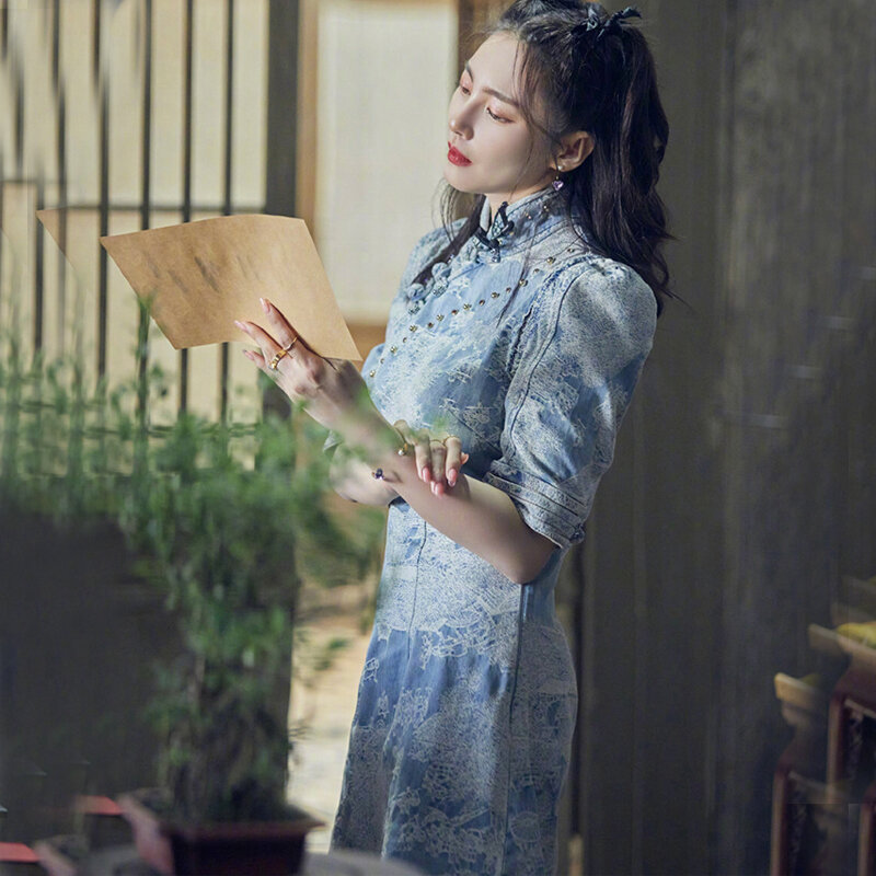 Qipao-vestido cheongsam, vestido azul, miçangas para unhas, vestido chinês oriental