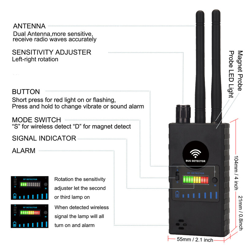 무선 안티 스파이 RF 신호, 버그 스파이 카메라 감지, GSM 오디오 청취 파인더, GPS 로케이터 추적기 장치, 안티 캔디드 카메라 스캐너