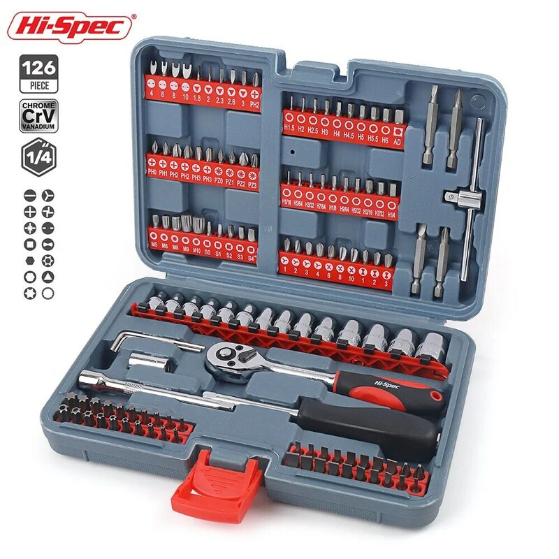 Hi-Spec 126Pc 1/4 Driver Socket Ratel Set Dopsleutelreeks Auto Monteur Tool Set Voor Auto Fiets reparatie Met Unversal Key