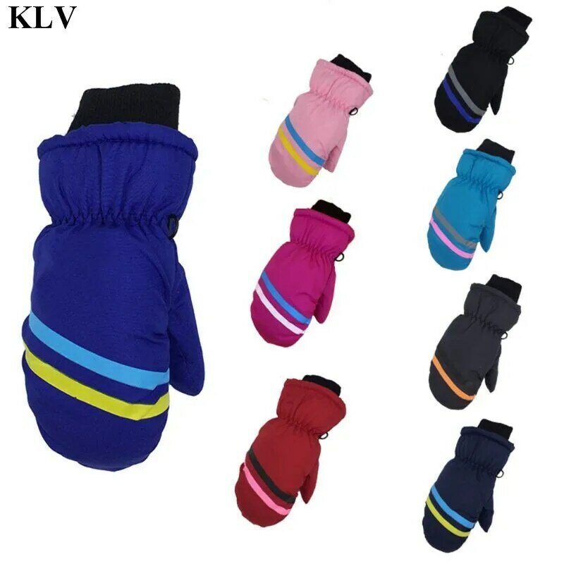 KLV เด็ก Windproof กันน้ำหนาถุงมือสกีอุ่น Boys สาวเรขาคณิตพิมพ์ฤดูหนาวกลางแจ้งถุงมือเด็ก