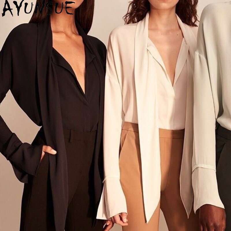 AYUNSUE 2021 화이트 셔츠 여성 실크 블라우스 긴 소매 탑 여성 한국 스타일 여성 상의 및 블라우스 봄 가을 Ropa Mujer