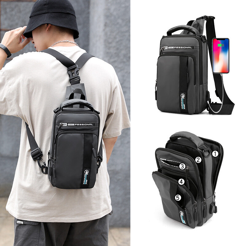 Sacos crossbody multifuncionais para homens, pacote de peito casual, viagem curta, bolsa de ombro única, sacos mensageiro, carregamento USB