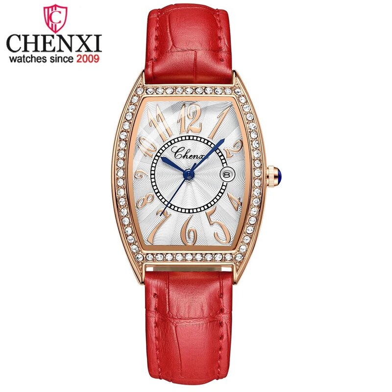 2021 Chenxi Jam Tangan Wanita Mewah Modis Rose Gold Tonneau Jam Tangan Berlian Tali Kulit Jam Tangan Kuarsa Wanita Reloj Mujer