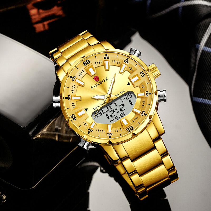 LIGE 2022 새로운 최고 브랜드 럭셔리 패션 남자 시계 골드 스테인레스 스틸 스포츠 시계 디지털 아날로그 큰 쿼츠 시계 남자에 대 한