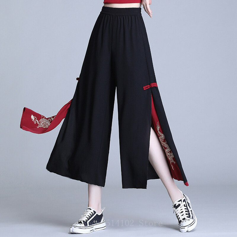 Tradizionale Cinese di Stile di Estate Chiffon Ritagliata Vita Alta Side Split Disegno Sezione Sottile Pantaloni Gamba Larga per Le Donne