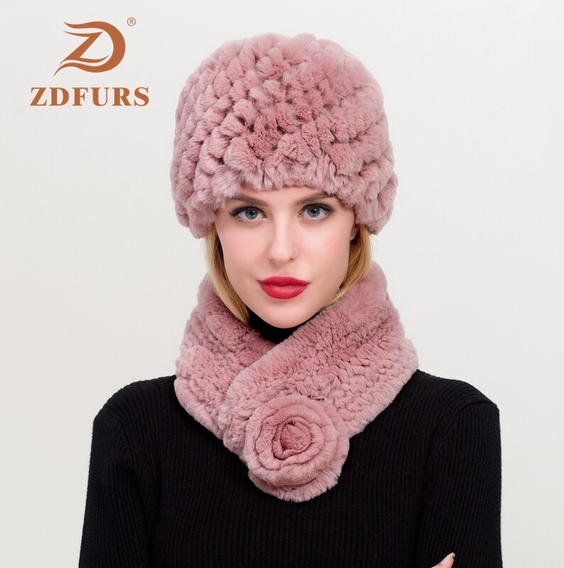 Zdfurs * 冬の女性リアルレックスウサギの毛皮の帽子スカーフ2個セットハンドメイドニット本物のウサギの毛皮キャップブランドファッション帽子スカーフ