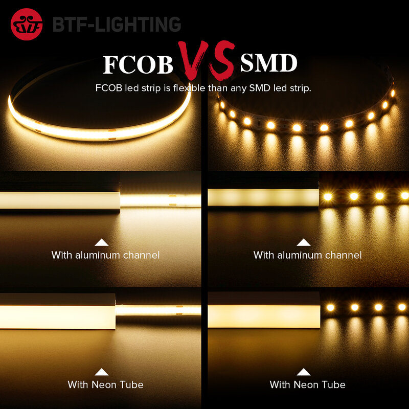 Fita LED flexível de alta densidade, FCOB, FOB, COB, RA90, quente, natureza, fresco, branco, linear, regulável, 336, 480, 528, 12V, 24V