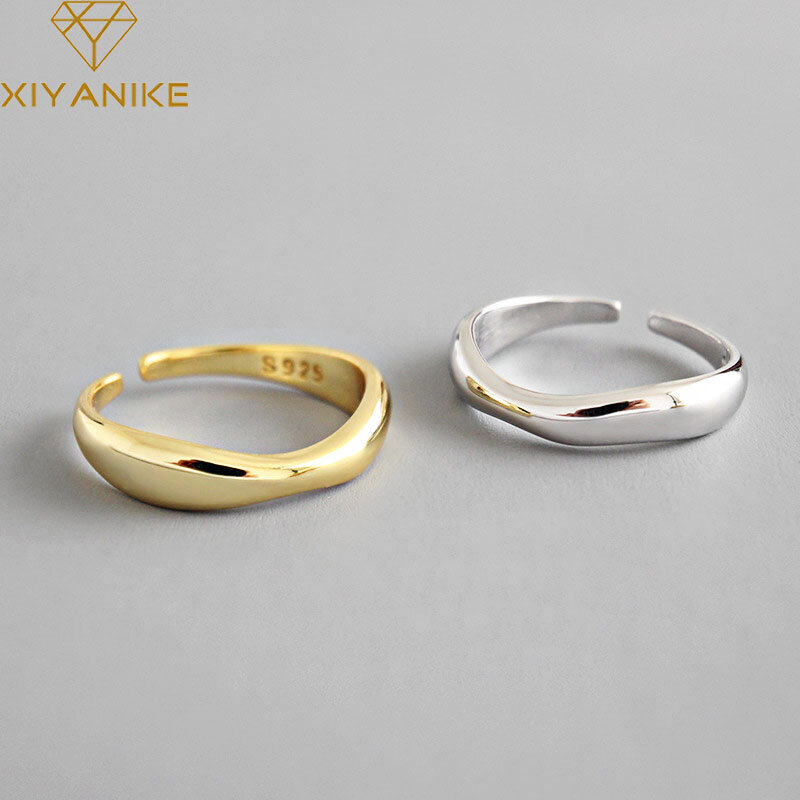 XIYANIKE-anillos de onda Irregular de Color plateado para mujer, joyería geométrica Simple hecha a mano, tamaño de pareja ajustable de 17mm