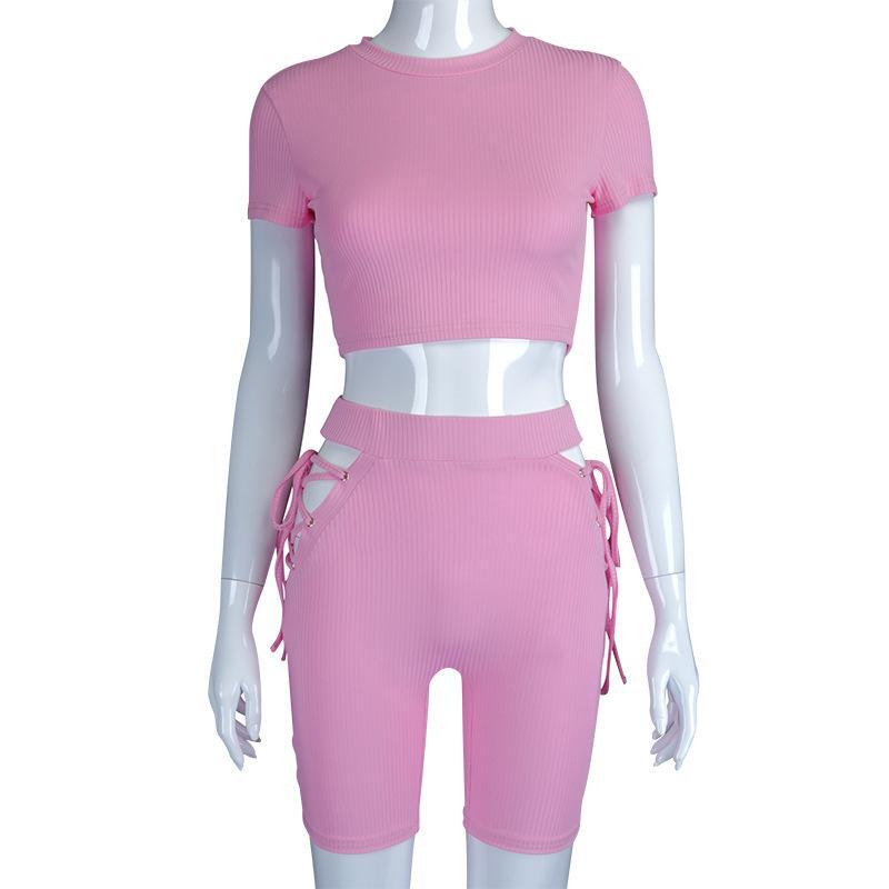 Conjunto de 2 peças feminino com decote o e manga curta, 2 peças, top crop de cor sólida com cintura alta e bermuda, roupa esportiva para treino, 2021